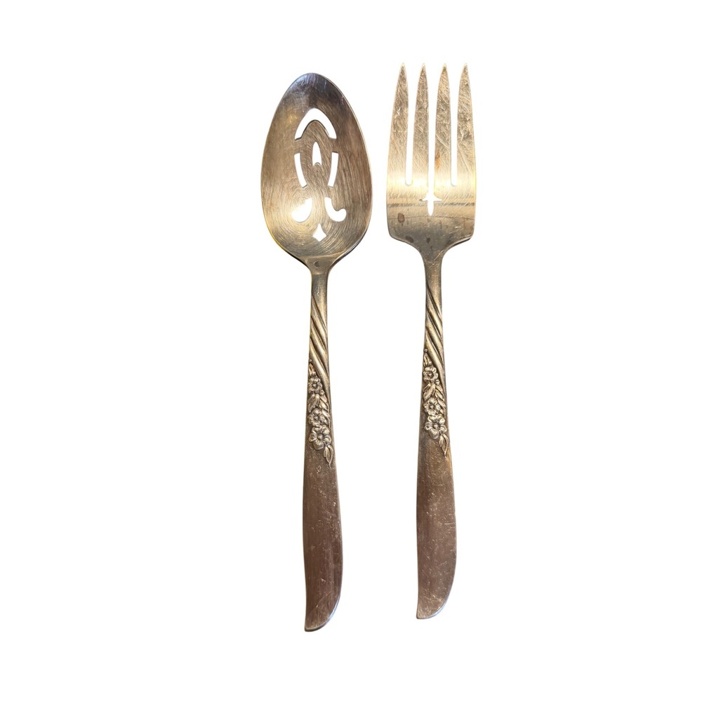 Oneida Wildwood Silverplate Serving Set Pierced Spoon and Cold Meat Fork 2pc